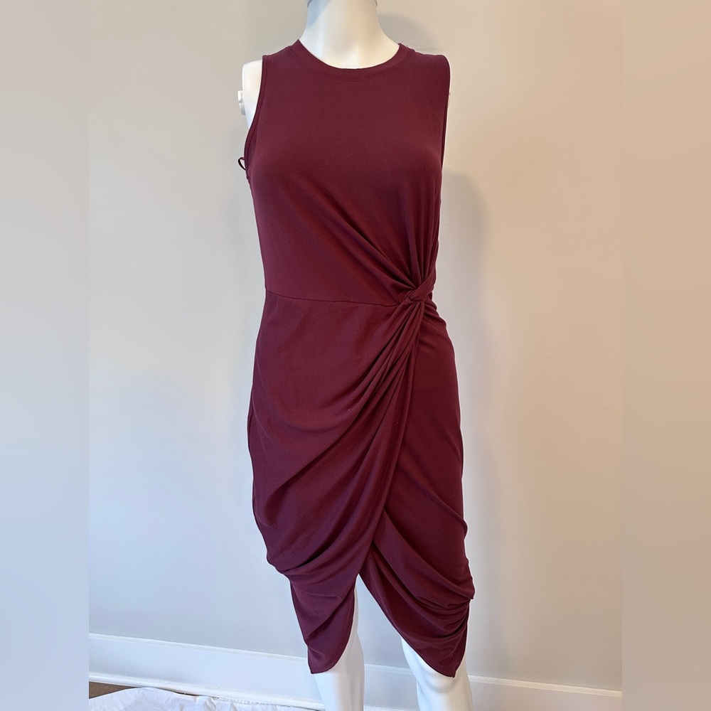 Sleeveless Twist-Drape Midi Dress in Deep Burgundy